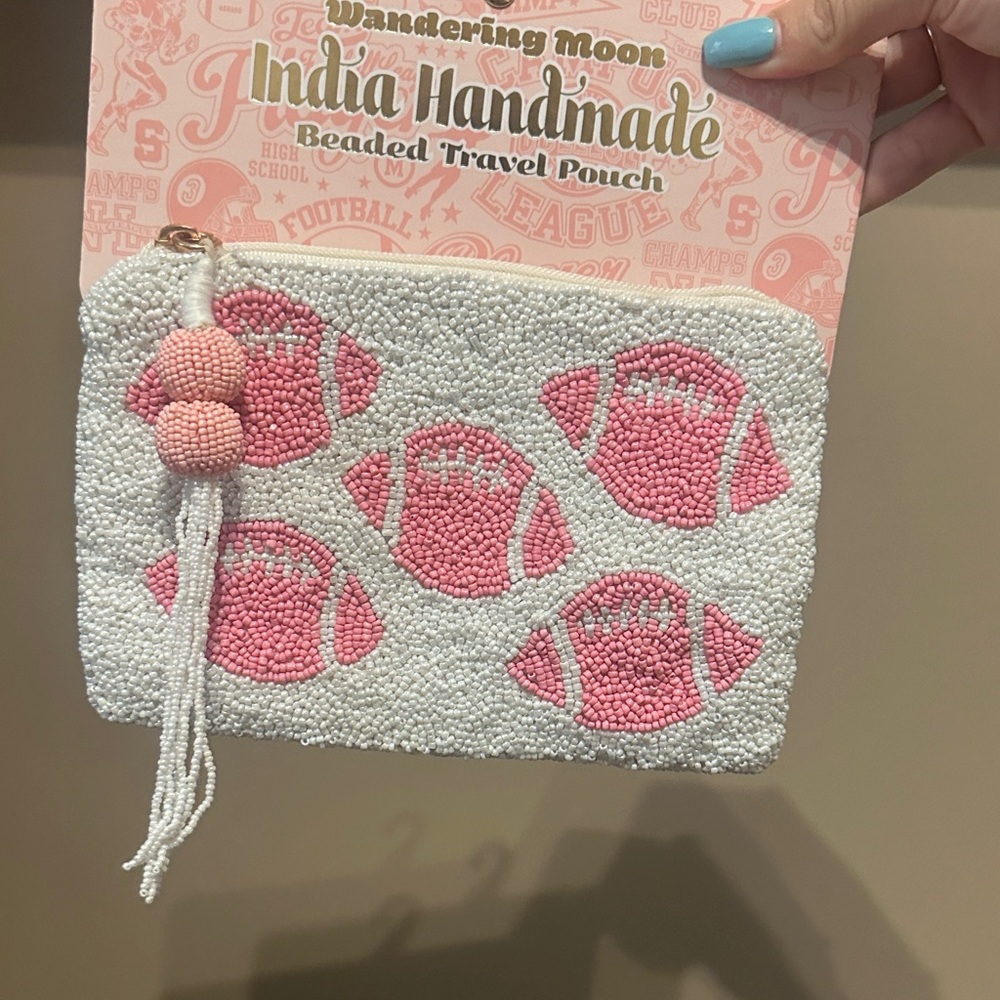 Pink and White Beaded Travel Pouch